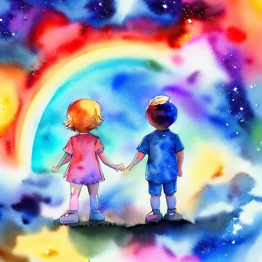 Prompt: boy and girl, in space, standing on moon with a rainbow in the style watercolor