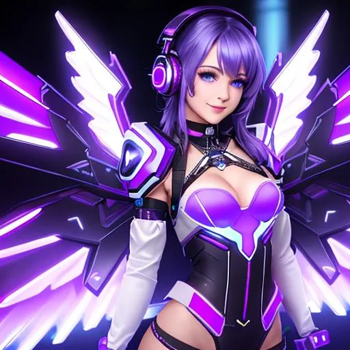 Prompt: 4K, 16K, picture quality, high quality, highly detailed, hyper-realism, cute skinny female standing, mecha wings, blue anime eyes, choker, gloves, headphones, smirking smile, blue, purple, white, cyberpunk style, neon lights, short purple hair with blue highlights, party, lights, spotlights, stage light, 