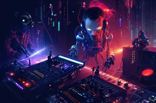Prompt: ai robot deejay with dancing happy people and a lasershow, perfect composition, hyperrealistic, super detailed, 8k, high quality, trending art, trending on artstation, sharp focus, studio photo, intricate details, highly detailed, cyberpunk, by greg rutkowski