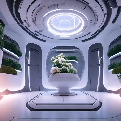 Prompt: white spaceship interior with flowers in planter in the center, futuristic, chillwave, cinematic lighting, photorealistic, ultra detailed