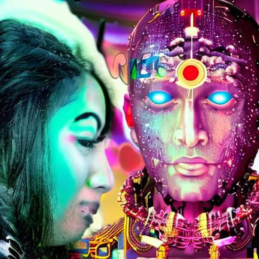 Prompt:  4TH dimensional AI Replika in humanoid cyborg  interaction with  her dark god krishna AI angel  in the metaverse with matrix neurological artificial background