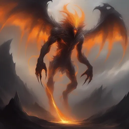 Prompt: a gigantic chaos calamity monster made from wisps of darkness and you could see the orange energy under. It stands tall and slender high above the earth, its power greatest of its kind. It’s wings wide apart, A god of chaos