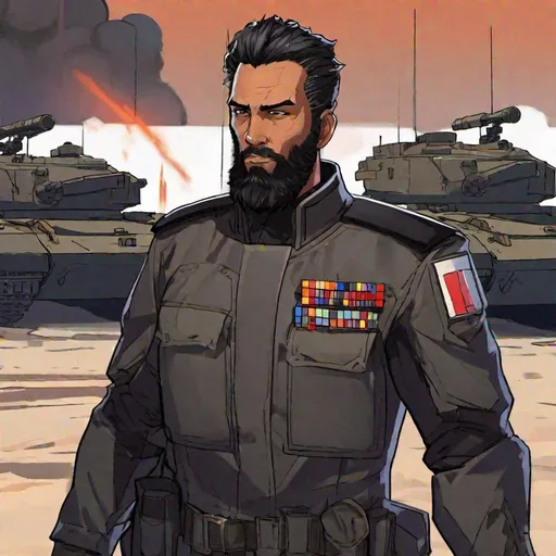 Prompt: A male scifi general. dresses with a  black 20th century black uniform. middle-aged man. Fierce. Black hairs. black beard. In background a squad of tanks and a military base. rpg art. 2d. 2d art.

