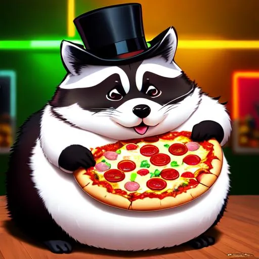 Prompt: fat round raccoon wearing (((top hat and monocle))), fluffy, fluffy tail, art style of sam yang and james jean! cute (((neon))) surrealism, pizza