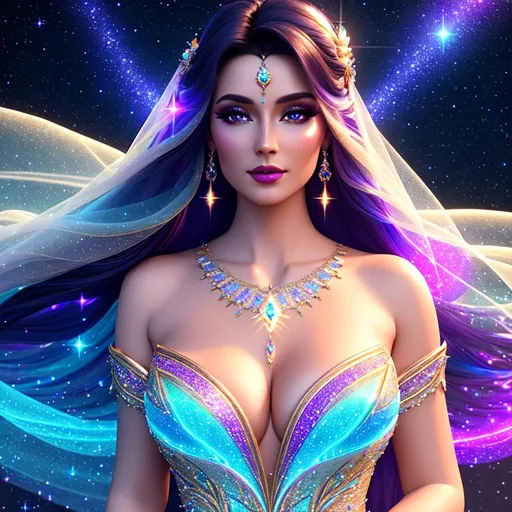 Prompt: Beautiful ethereal goddess, magic, ((wearing diamantine intricate gown)) ((bright dark multi coloured galaxy straight hair)), glowing, trails of light, wisps, slight sparkles, outer space, unreal engine 8k octane, 3d lightning, stellar, quartz, gem rain, soft white skin, luminous chest, fantasy