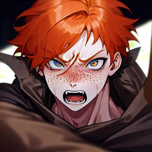 Prompt: Erikku male adult (short ginger hair, freckles, right eye blue left eye purple) UHD, 8K, Highly detailed, insane detail, best quality, high quality, fighting