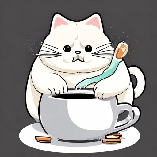 Prompt: Create funny cartoon image off white fluffy fat cat drinking coffee with big smile , image in black and white and the image should be more vertical
