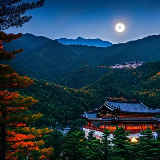 Prompt: Koreans palace, horror, at midnight ,  full moon shining bright , mountain , dark forest , fire, snow.