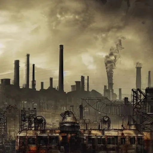 Prompt: The background depicts a sprawling industrial cityscape with towering smokestacks, dilapidated buildings, and rusted machinery. The overall color palette is desaturated, with dark grays and muted blues dominating the scene. The sky is overcast, shrouded in a haze of smoke and steam, creating a gloomy atmosphere.

In the foreground, you can see tiny, cute humans scurrying about, wearing leather gear and big goggles to protect themselves from the harsh environment. They are depicted with round bodies and small limbs, emphasizing their adorable appearance. Some of them are operating machinery, while others are engaged in manual labor or walking hurriedly along the streets.

The buildings in the background are a mix of decaying structures and towering factories, with smoke billowing from their chimneys. The architecture features sharp angles and industrial elements like pipes, gears, and metal scaffolding. The streets are cluttered with debris and discarded machinery, giving a sense of abandonment and neglect.

To add depth to the scene, you can incorporate layers of smoke and steam that partially obscure the background elements. This would enhance the industrial aesthetic and contribute to the overall feeling of sadness and desolation.