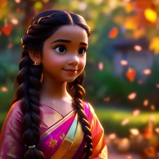 Prompt: A still from a 3d movie of Disney Indian little girl with dark brown braided hair. Wearing saree, Garden in the background, 3d blender render, Pixar inspired, Disney, clear detailed beautiful face, huge brown eyes, adorable. Autumn vibes. 8k octane render unreal engine, surrealism
