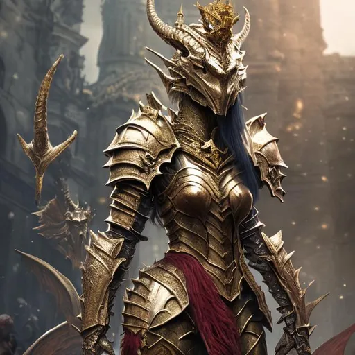 Prompt: Create a photograph of a beautiful fictional female human that is a dragon knight, with red dragon gilded armor, sword in hand and crown in head, extremely, detailed environment, detailed background, intricate, detailed skin, natural colors , professionally color graded, photorealism, 8k, moody lighting