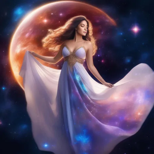 Prompt: exquisite, glowing Goddess in a flowing dress, incredible all body form of a incredible bodied, incredibly beautiful faced woman with a buxom perfect body falling backwards through space, nebulas, stars, planets, the milky way and galaxies