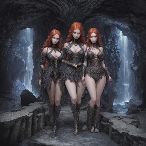 Prompt: Create Splashart, a fantasy style ultra Intricate, ultra realistic dark detailed ancient cavernous cave, standing on a rock bridge,

focused on a full body, hyper cute baby faced, perfect young slender, red head woman, intricately detailed piercing blue eyes, alluring gaze, healthy features and skin, proportionate cleavage,

wearing a thick iron slave collar, multi color silk Sorceress robes, casting magic fire to see,

Professional Photo Realistic Image, RAW, artstation, splash style dark fractal paint, contour, hyper detailed, intricately detailed, unreal engine, fantastical, intricate detail, steam screen, complementary colors, fantasy concept art, 8k resolution, deviantart masterpiece, splash arts, ultra details Ultra realistic, hi res, UHD, 64k, 2D art rendering, depth of field 4.0, APSC, ISO 900,