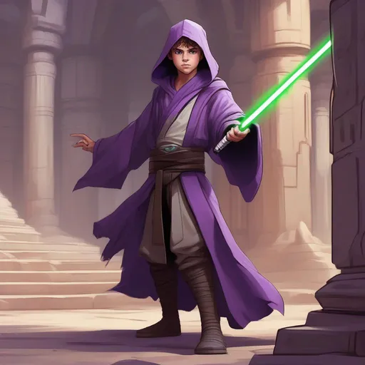 Prompt: A cute dark jedi boy in purple robes. White skin tone, green eyes. 
He has a broken Horn.
In combat stance. In background a ancient building.
Star wars art. Rpg art. 2d. 2d art. Well draw face. Detailed. 