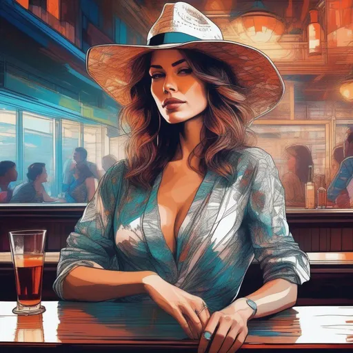 Prompt: a sensuel looking woman sitting in a bar| wearing a fedora and a elegant dress| centered| key visual| intricate| highly detailed| breathtaking beauty| precise lineart| vibrant| comprehensive cinematic| Carne Griffiths| Conrad Roset, gta vice city