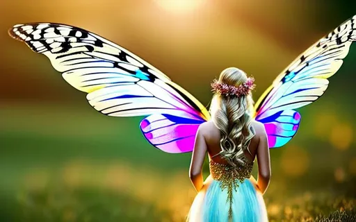 Prompt:  Beautiful, Fairy,  wavy, blonde hair, female, pretty butterfly wings, in a pretty gown, 4K, 16K, highly realistic, extremely detailed, photo-realistic, photo quality, 8k, long flowing pretty golden hair, clear, sharp image, cinematic