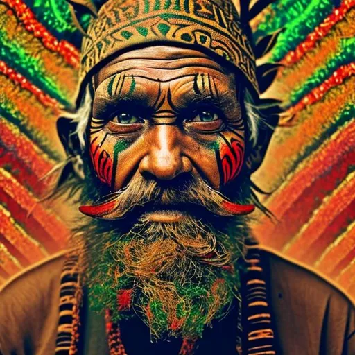 Prompt: A Tribal Old Man. Beard, Face Paint. Red Gold and Green. Weed Pipe. Psychedelic Ornaments.  Psychedelic Background,