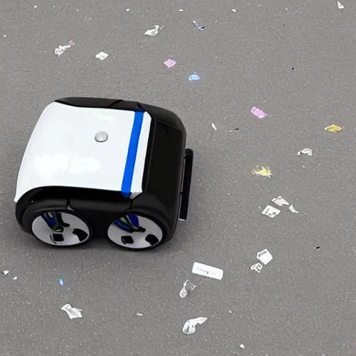 Prompt: A small robot that picks up trash 
Ai vacuum like
Four wheels
With sensor to find the trash
White and black color
Box like shape