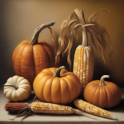 Prompt: Still life with pumpkins and indian corn