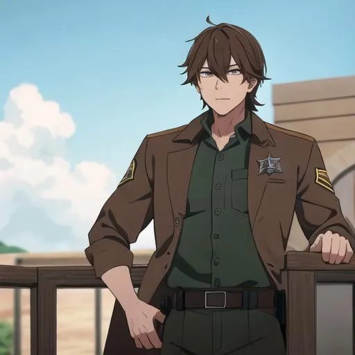 Prompt: Caleb as a county sheriff, not wearing a hat, adult, brown sheriff uniform
