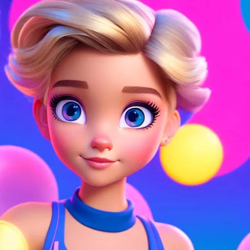 Prompt: Disney, pixar art style, a girl with short blond hair, she has barrettes, crystal blue eyes, she is short and strong, light skin, crop top