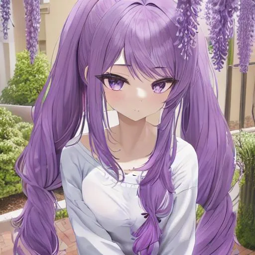 Prompt: pretty anime girl with purple hair, beautiful eyes, anime eyes, long pigtails, simple art, face, wisteria, fluffy hair, 3/4 angle


