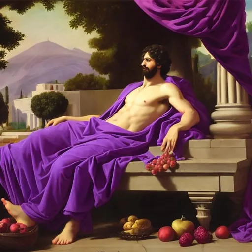 Prompt: classical art purple drape noble man covered in drapes reclined back action pose outside greek garden holding purple fruit
