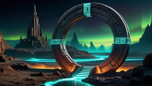 Prompt: magical portal between cities realms worlds kingdoms, circular portal, ring standing on edge, upright ring, freestanding ring, hieroglyphs on ring, complete ring, ruins, ancient indus valley architecture, atlantis city plaza setting, aurora borealis, panoramic view, dark night, futuristic cyberpunk tech-noir setting