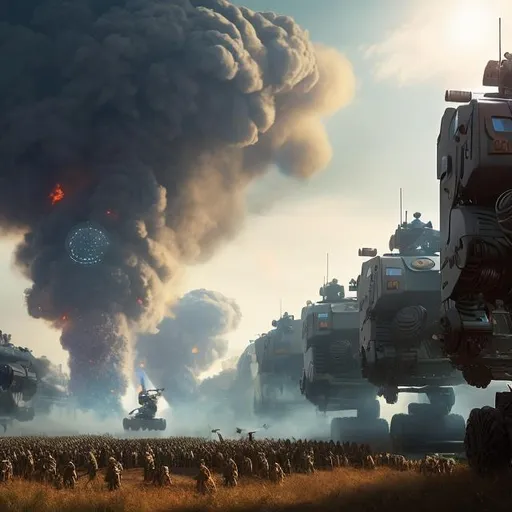 Prompt: One man with his giant cat watching an army of robots, wounded, guns, hyperrealistic, dystopic, war, standing, explosions, invasion