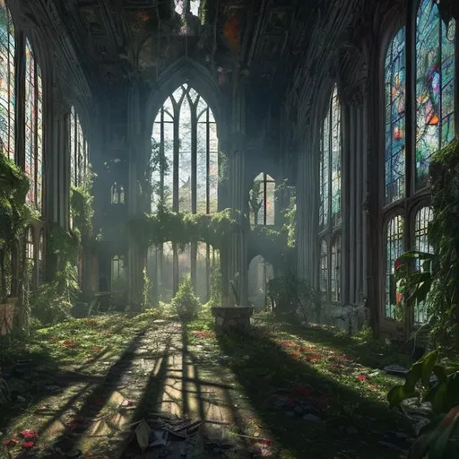 Prompt: abandoned castle inside, sun light through broken windows, stained glass, flowers and trees growing inside, epic cinematic, ethereal, detailed, realistic, 