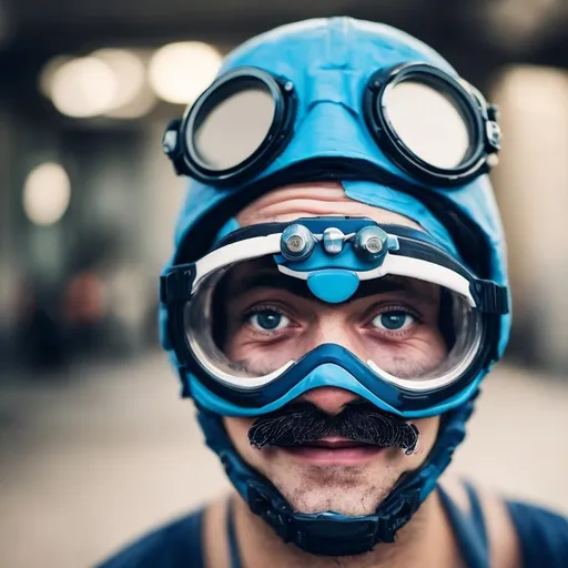 Prompt: A face of man giving a fake smile.with blue goggles.with beard but no mustche.and he bald background of the image is half black and half white