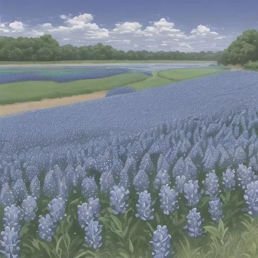 Prompt: field of bluebonnets with a river
