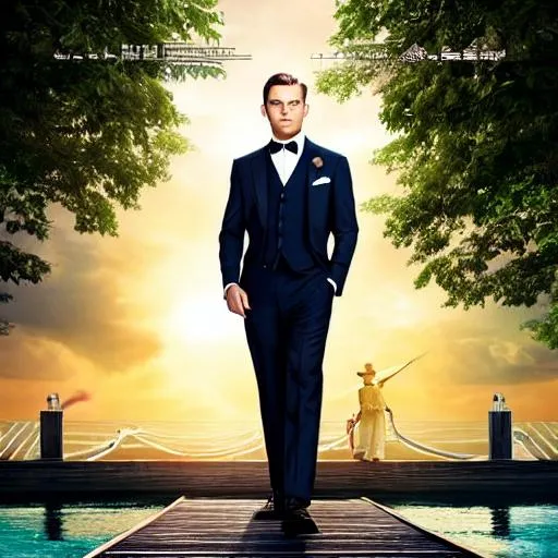 Prompt: ((Cinematic high quality)) ((portrait masterpiece photo)) Gatsby standing on dock reaching his hand out, green light on the horizon