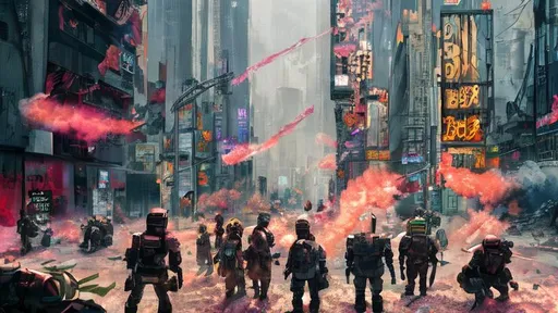 Prompt: Cyberpunk mechs, Riots in the streets, corporate corruption, cities burning, and a single flower in the chaos, tear gas, gas masks, pills, cash money