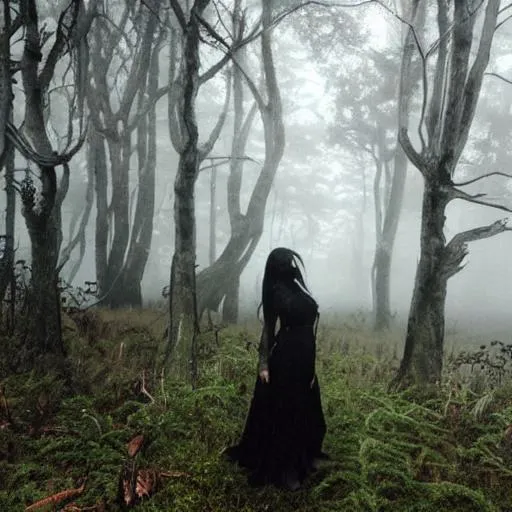 Prompt: Black Metal raine in the fog forest