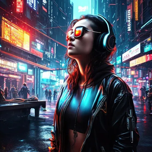 Prompt: ((upper body portrait))
location: cyberpunk downtown, crowded street, shop windows, pedestrians, cars. A rainy night.
description: a cyberpunk beautiful lady listens to music with headphones and dances to the music.
appearance: long, curly hair, hooded sweatshirt.
lighting: the street lights of a city.
style: real face, cyberpunk, cg artwork, hyper detailed photoreal. (Not barbie design)