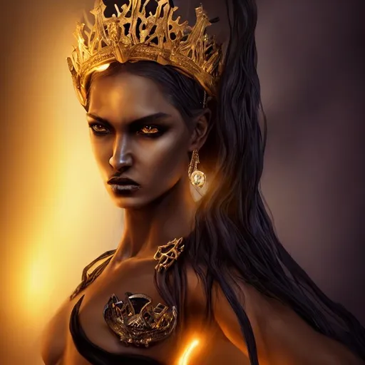 Prompt: Full length queen of the damned with white hair in a crown in a black dress, golden glow, smooth soft skin, serious eyes looking at the camera, soft lighting, detailed face, deep color, splash screen, complementary colors, fantasy concept art, 8k resolution, trend on Artstation Unreal Engine 5, Artgerm, WLOP, dynamic lighting, hyper detail, complex detail, splash, trend on Artstation process colors, Unreal Volumetric Lighting Engine 5