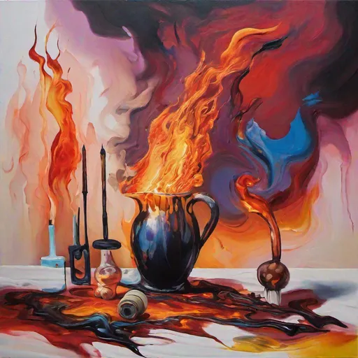 Prompt: melted painting with still life, blurry surroundings, surrealistic, vibrant colors, fire in the background