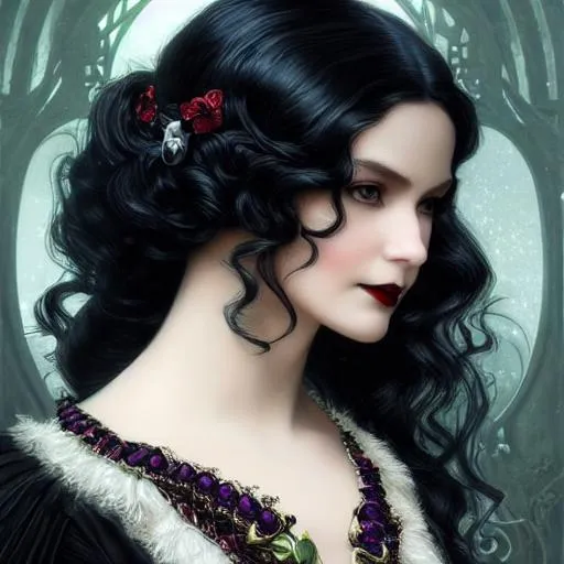 Prompt: Snow White as a vampire queen, with curly wavy black hair, green eyes, straight nose, full lips, gothic, victorian, intricate, elegant, highly detailed, digital painting, artstation, concept art, smooth, sharp focus, illustration, art by artgerm and greg rutkowski and alphonse mucha and william bouguereau