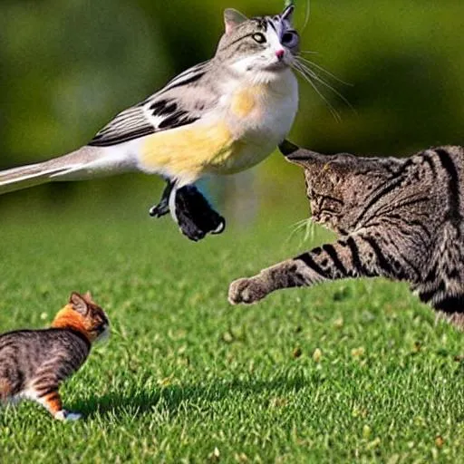 Prompt: a bird chasing a cat