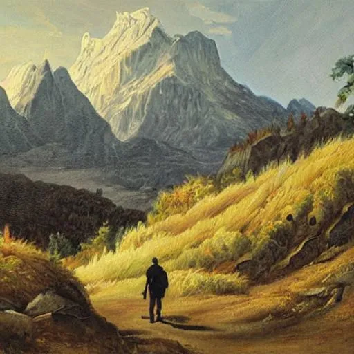 Prompt: An oil painting of a very grand landscape of mountains with a man in the foreground walking a trail in the centre  towards the mountain  
