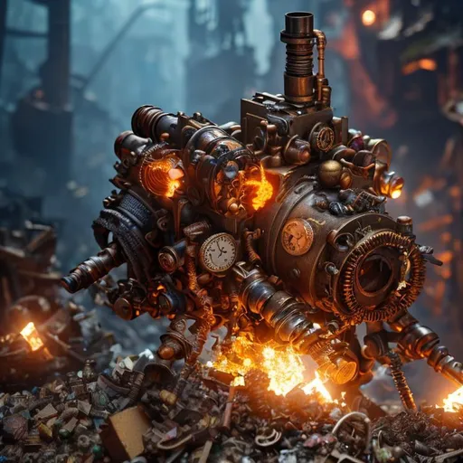 Prompt: (steampunk), hand-held propulsion gun sticking out of a scrap heap, pile of scrapmetal, trash heap, cave walls, low light, dim, digital brush, cartoon, highly detailed, digital painting, dnd, octane render, cgsociety