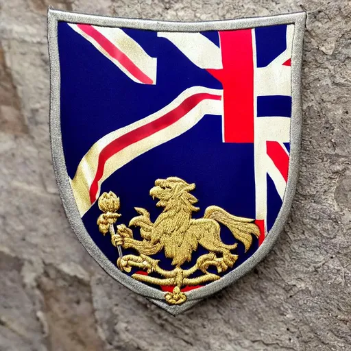 Prompt: united kingdom coat of arms and flag embroidered with hot fix stone in silver and gold gilding