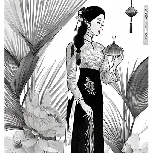 Prompt: A black and white sketch of a beautiful young Vietnamese woman wearing white Ao Dai (Vietnamese traditional costume) and a Vietnamese palm-leaf conical hat. She is walking away from the screen, revealing her hourglass yet slim figure, partially glancing back at the screen revealing her beautiful yet mysterious gaze. She is holding an arrangement of vietnamese lotus in her hand. In the background is the vast fields of vietnamese rice dotted with storks flying in the sky
