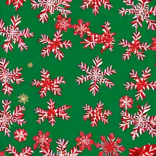 Prompt: All over print, Christmas season, snowflakes in red and green