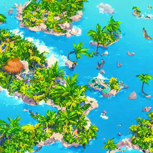 Prompt: In a bird’s eye view of a tropical island in a 2d art style, You are able to see the whole island.