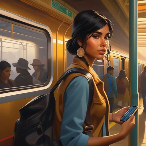 Prompt: Third person, gameplay, Navajo girl, olive skin, black hair, brown eyes, 2020s, smartphone, Los Angeles subway station, foggy, golden atmosphere, cartoony style, extremely detailed painting by Greg Rutkowski and by Henry Justice Ford and by Steve Henderson 