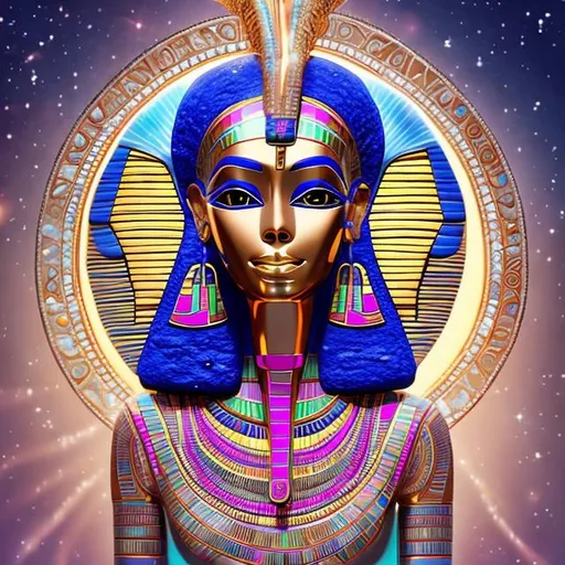 Prompt: Anciet Egypt, moon goddess. UHD, 8K, bright colors, female, multicolored necklaces.