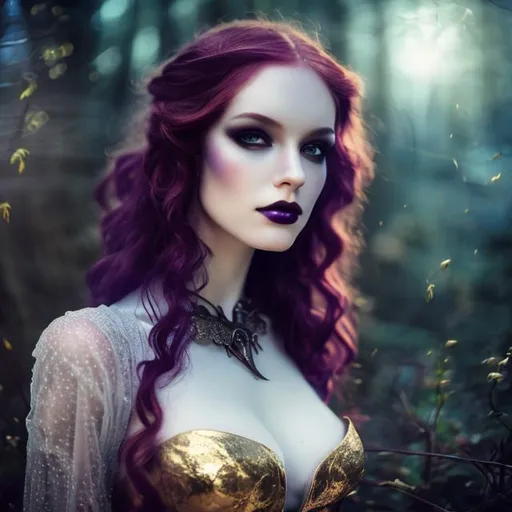Prompt: HD, 4K, 3D, Stunning, magic, cinematic camera, gothic beauty, ethereal,fairy queen,gothic enchanted, light contrast, long, curly redhead hair, lovely, romantic, tender, purple light, moon glow, perfect female beauty, intricate, pale traslucent skin, golden ratio, look in camera, gorgeous sinuous body, female body,gorgeous eyes