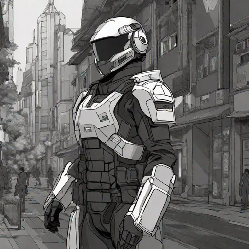 Prompt: Whole body. Full figure. A French male soldier in scifi combat armor. He has an helmet with a scifi visor covering his face. Dark grey uniform. uniform with black details. In background a scifi Spanish city. Anime art. Rpg. Anime style. Akira art. 2d art. 2d. Well draw face. Detailed. 